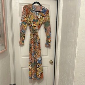 Colorful Patterned Long Sleeve Wrap Around Dress